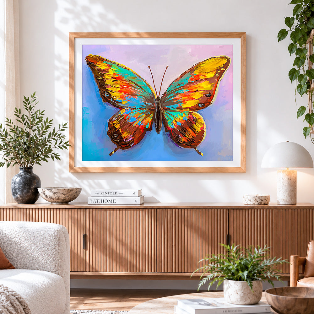 Finished beautiful and colourful butterfly cross stitch artwork displayed