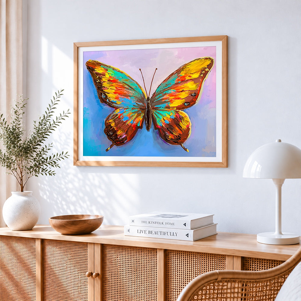 Beautiful and colourful butterfly paint by numbers artwork displayed on wall as home decor