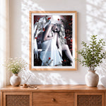 Finished beautiful angel with white wings and roses cross stitch artwork displayed