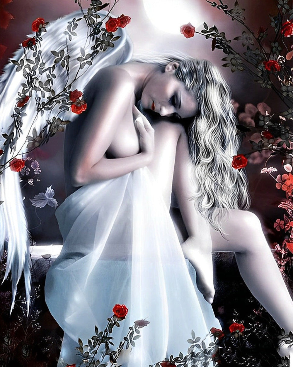 Beautiful angel with white wings and roses cross stitch kit for beginners