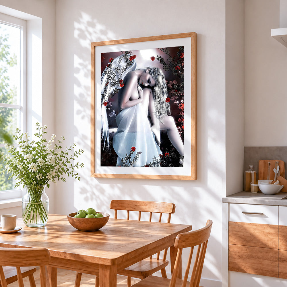 Beautiful angel with white wings and roses cross stitch artwork displayed on wall as home decor