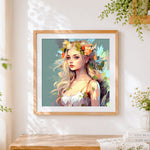 Finished beautiful blonde woman with floral crown cross stitch artwork displayed