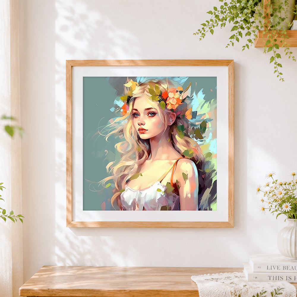 Finished beautiful blonde woman with floral crown cross stitch artwork displayed