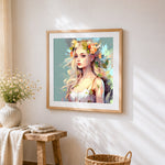 Beautiful blonde woman with floral crown cross stitch artwork displayed on wall as home decor