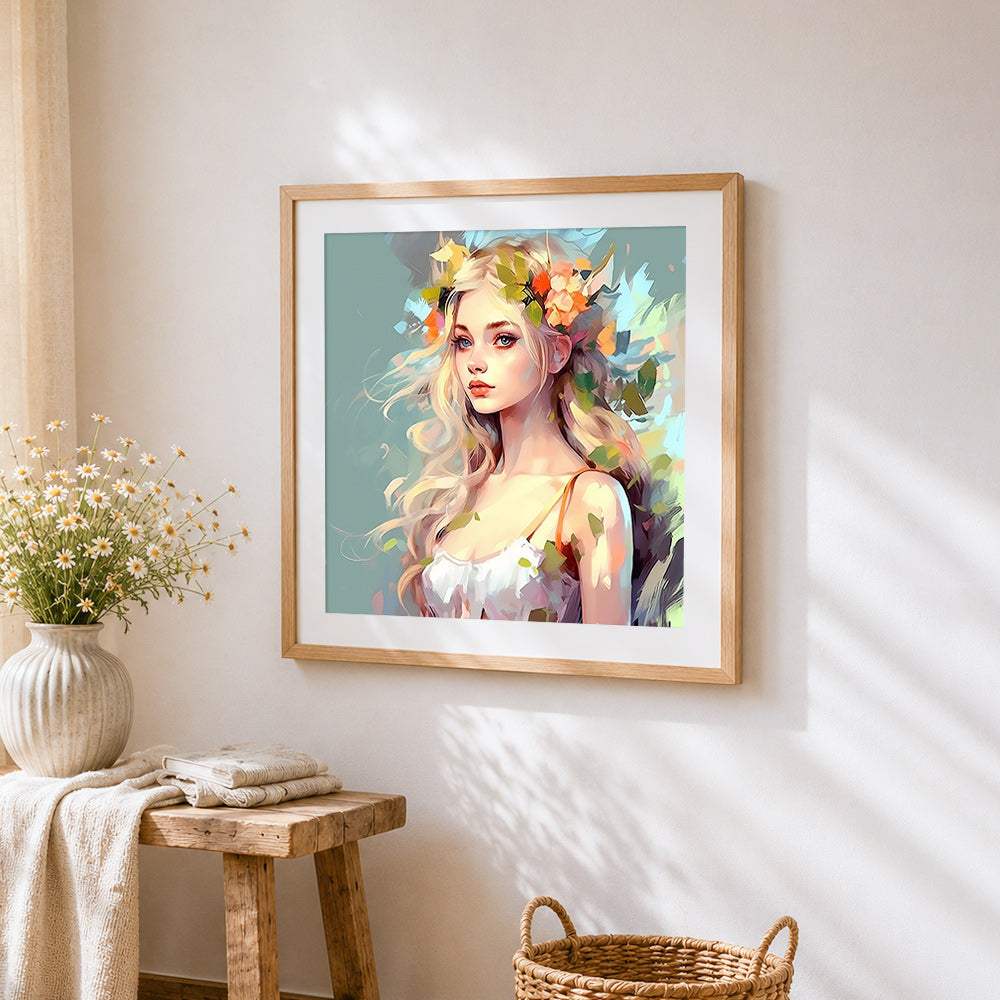 Beautiful blonde woman with floral crown cross stitch artwork displayed on wall as home decor
