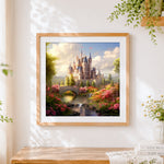 Finished beautiful castle by a floral stream cross stitch artwork displayed