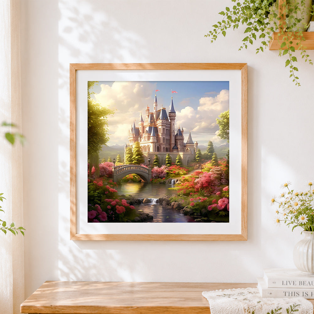 Finished beautiful castle by a floral stream cross stitch artwork displayed