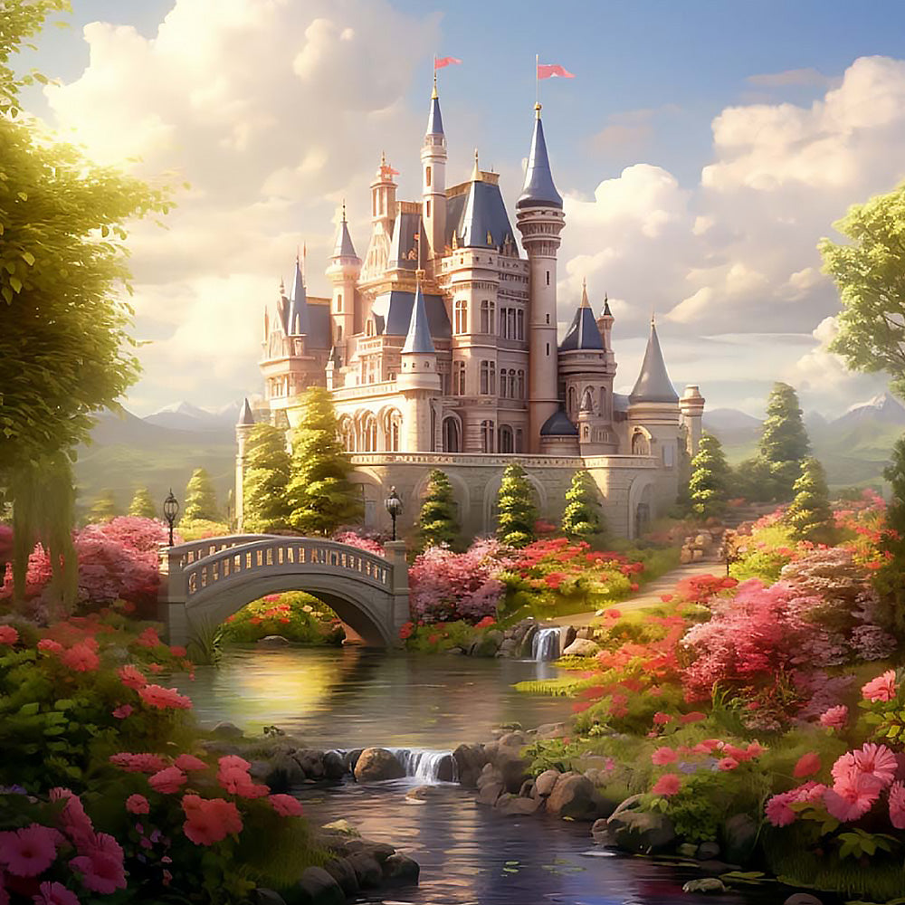 Beautiful castle by a floral stream cross stitch kit for beginners