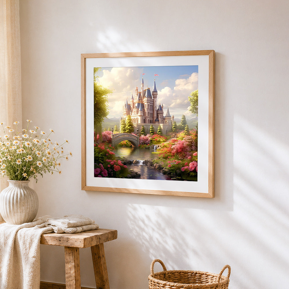 Beautiful castle by a floral stream cross stitch artwork displayed on wall as home decor