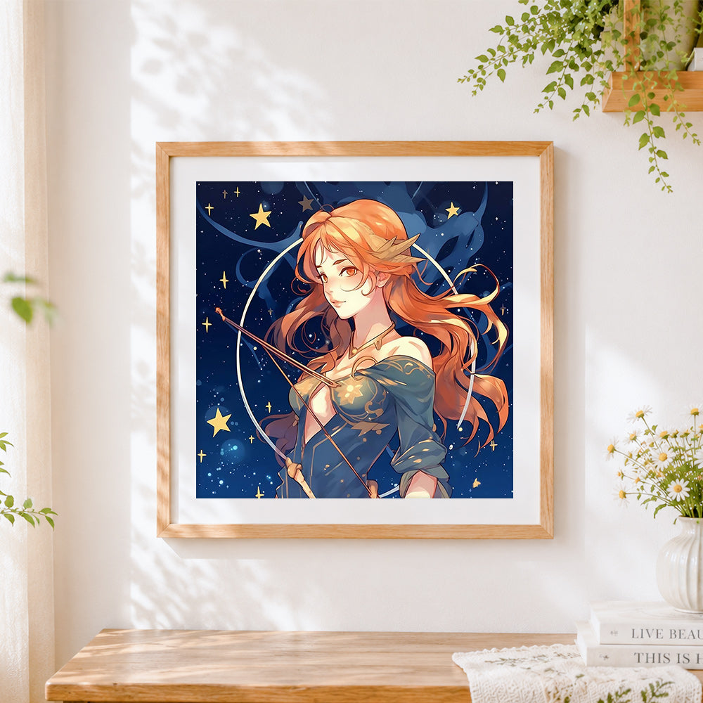 Finished beautiful celestial archer cross stitch artwork displayed