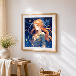 Beautiful celestial archer cross stitch artwork displayed on wall as home decor