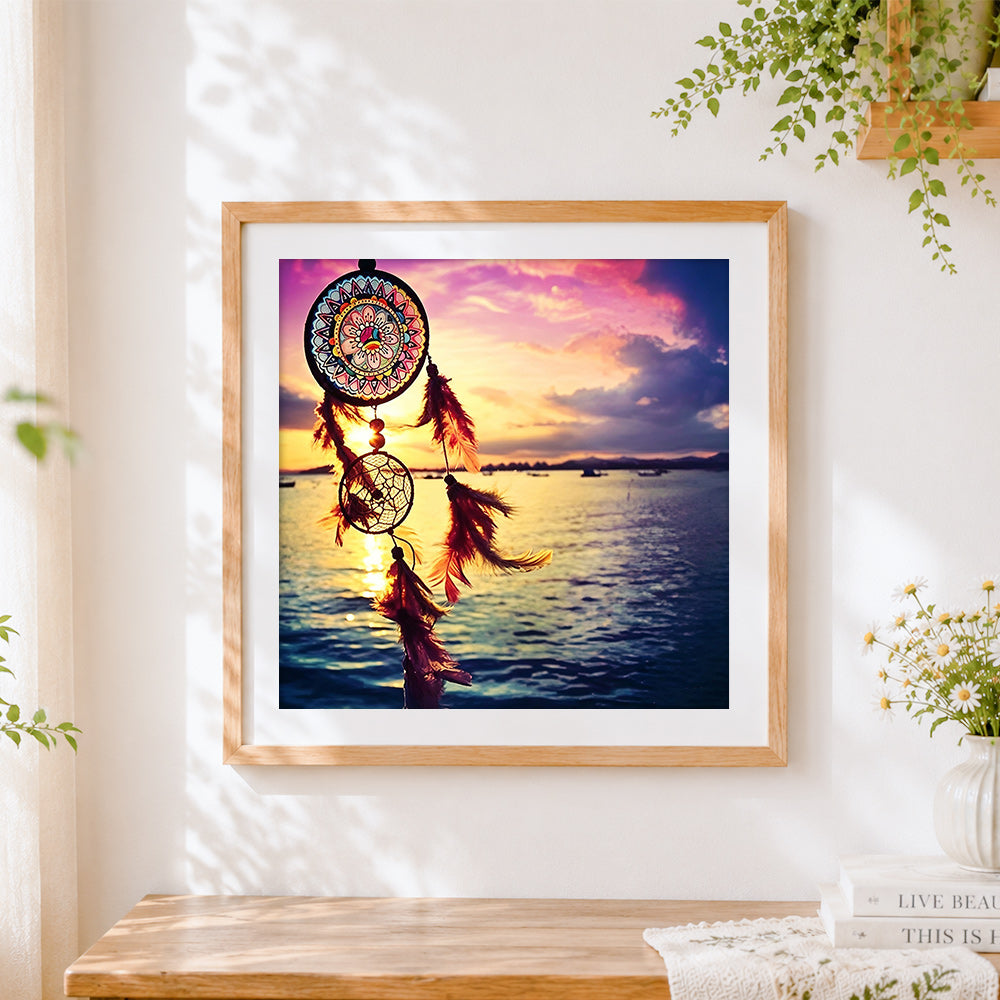 Finished beautiful dreamcatcher at sunset cross stitch artwork displayed
