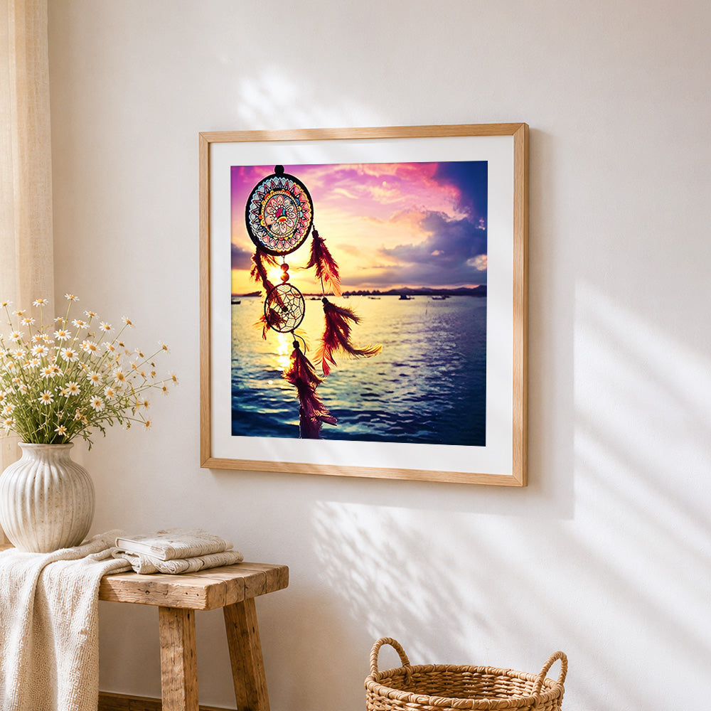 Beautiful dreamcatcher at sunset cross stitch artwork displayed on wall as home decor