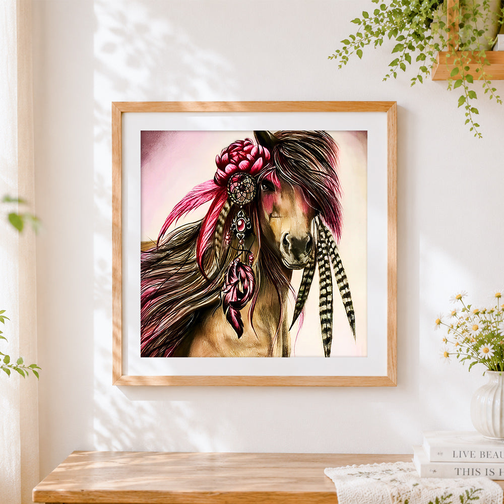 Finished beautiful horse with boho feather paint by numbers artwork displayed as home decor