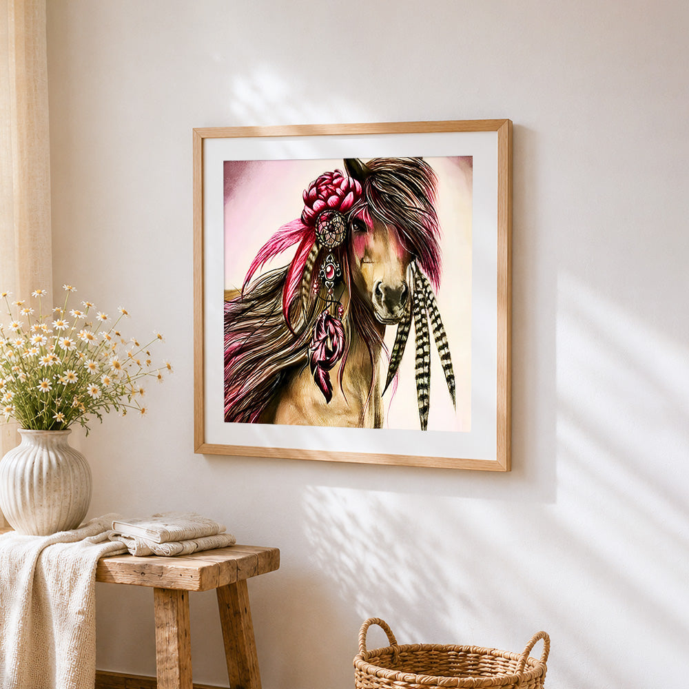 Beautiful horse with boho feather paint by numbers artwork displayed on wall as home decor