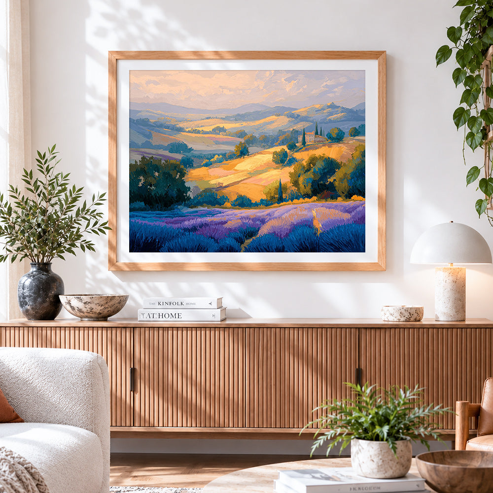 Finished beautiful lavender hills cross stitch artwork displayed