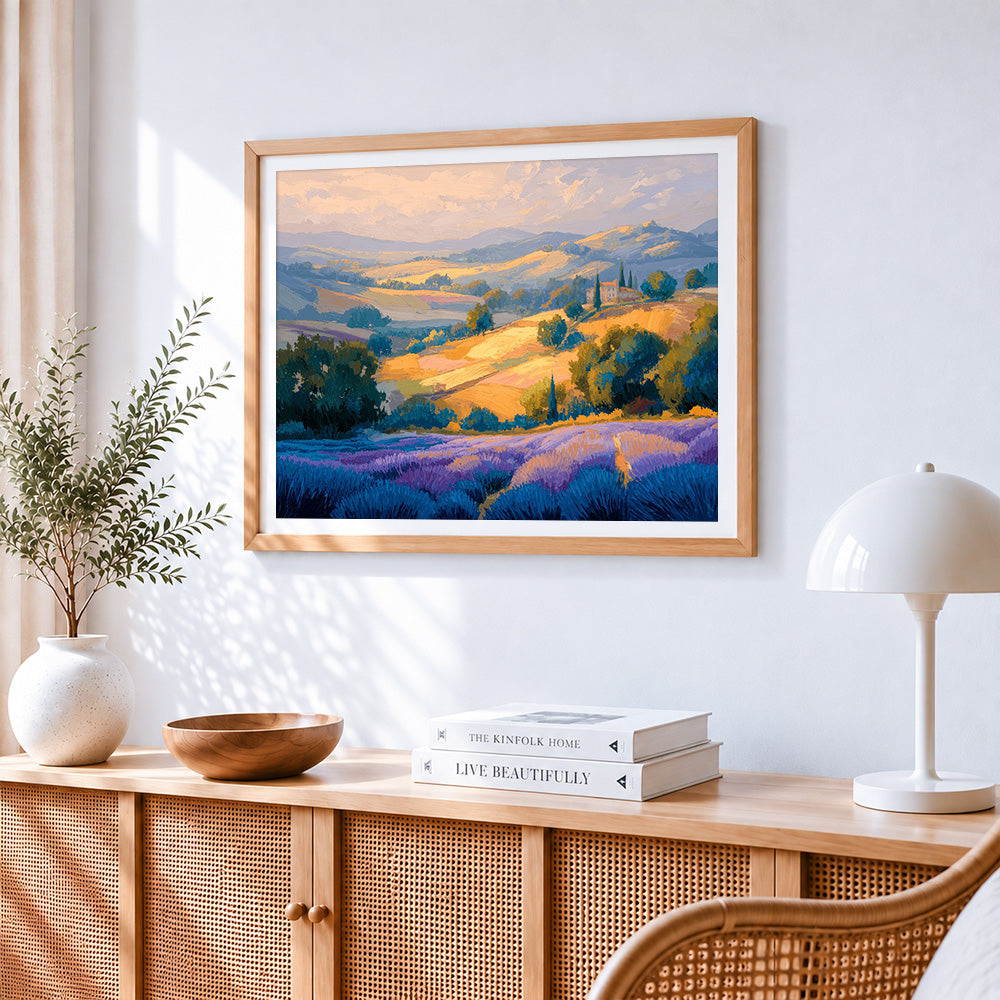 Beautiful lavender hills cross stitch artwork displayed on wall as home decor