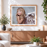 Finished beautiful little angel with white wings cross stitch artwork displayed