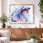 Finished beautiful pink and blue betta fish cross stitch artwork displayed