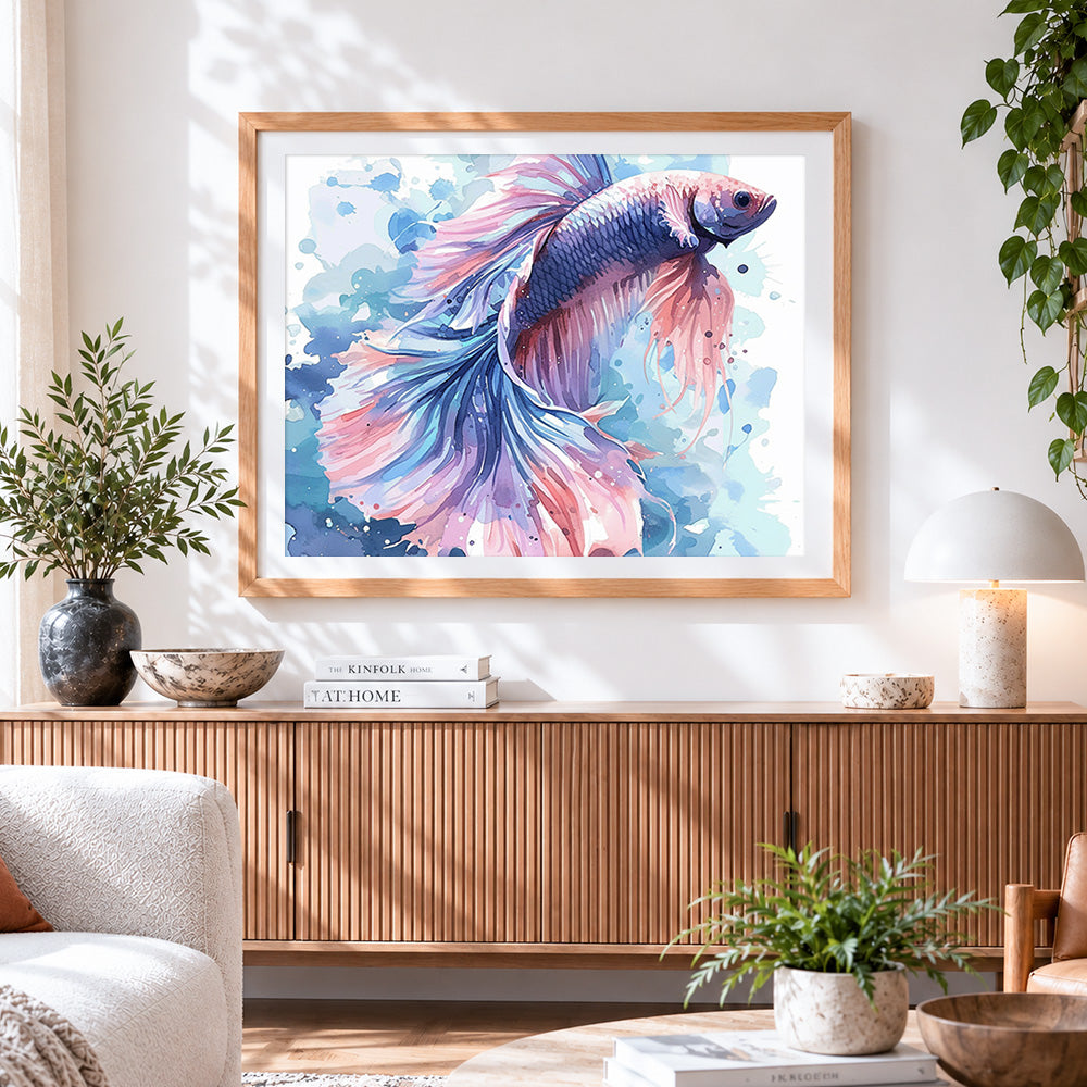 Finished beautiful pink and blue betta fish cross stitch artwork displayed