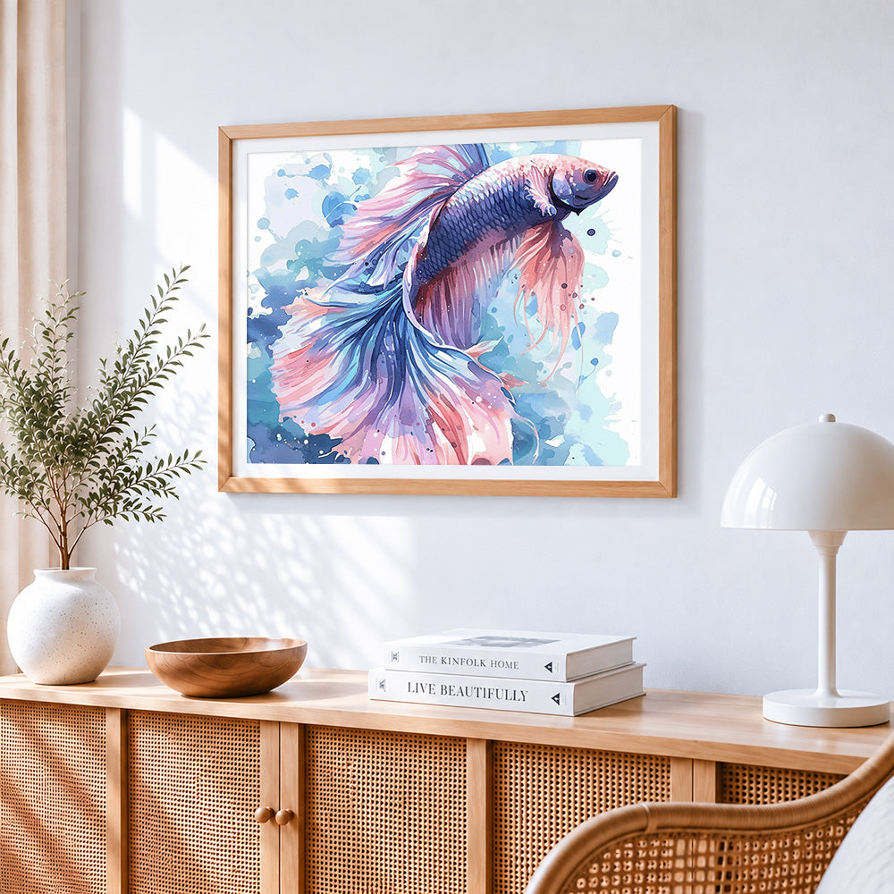 Beautiful pink and blue betta fish paint by numbers artwork displayed on wall as home decor