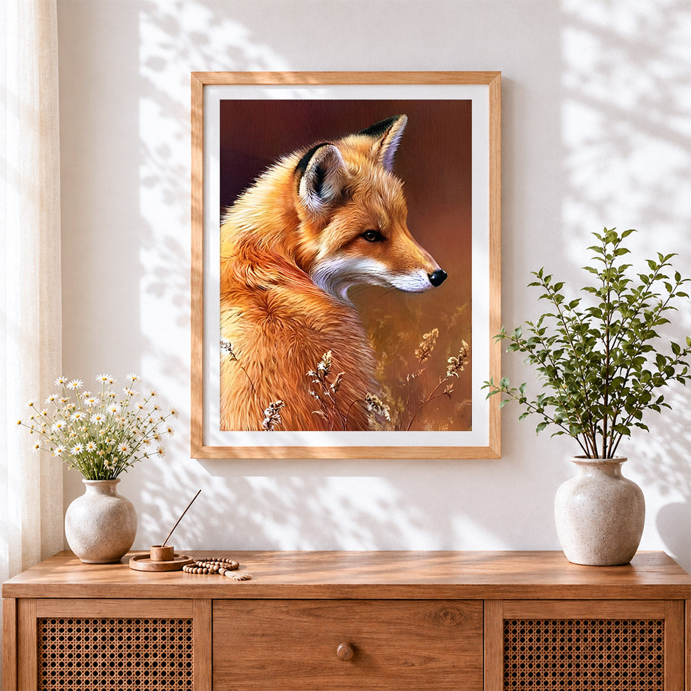 Finished beautiful red fox profile paint by numbers artwork displayed as home decor