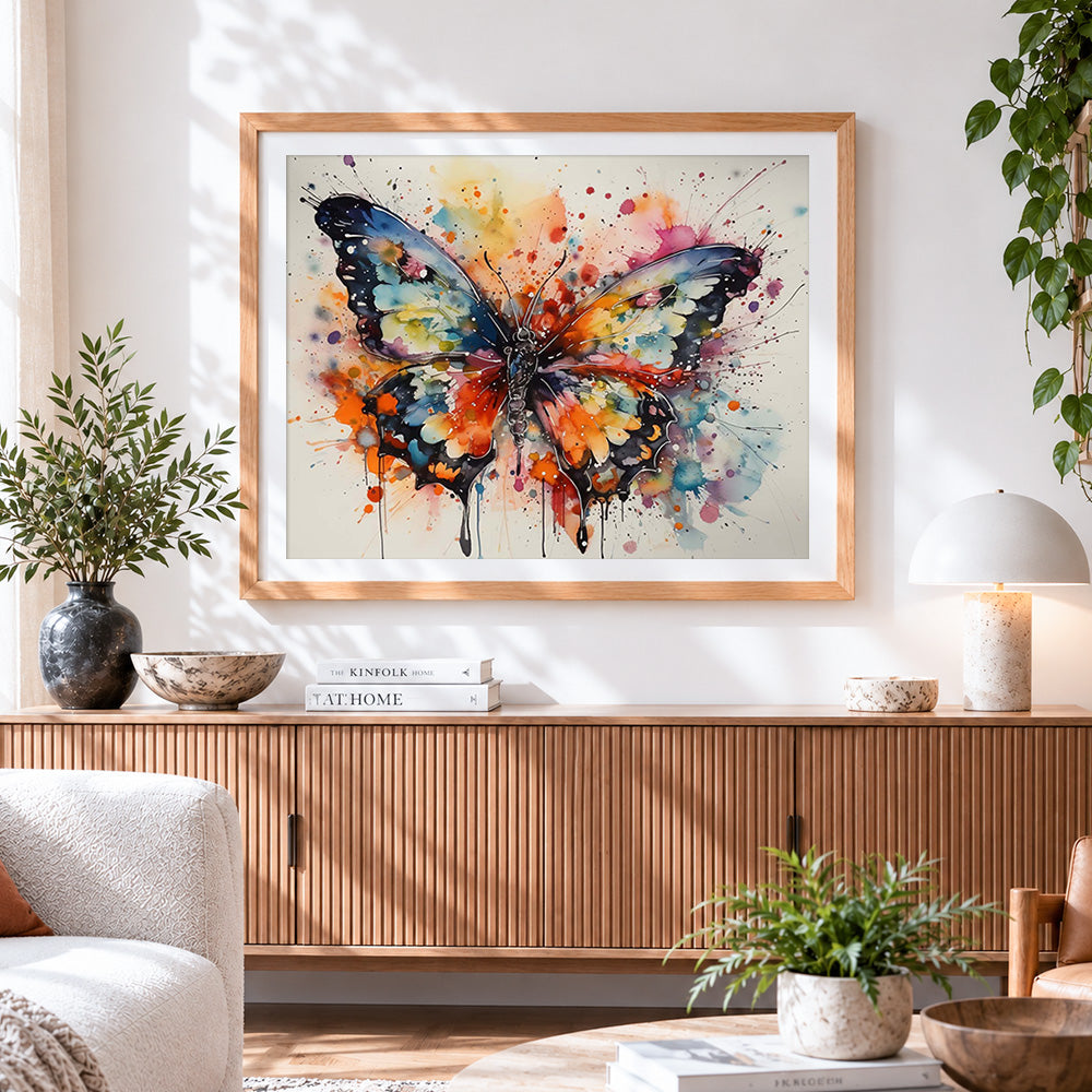 Finished beautiful watercolour butterfly cross stitch artwork displayed