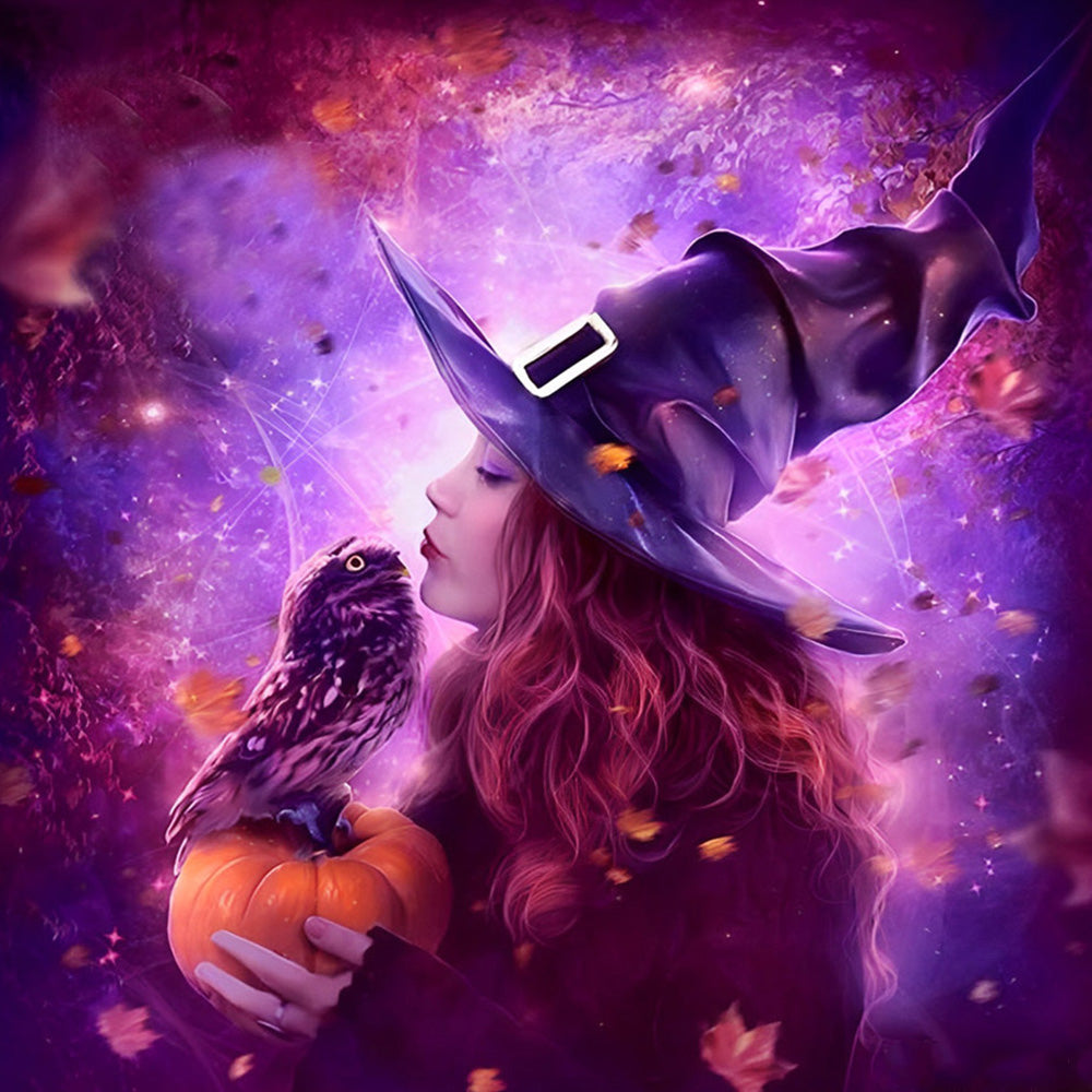 Beautiful witch with owl and pumpkin cross stitch kit for beginners