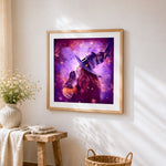 Beautiful witch with owl and pumpkin cross stitch artwork displayed on wall as home decor