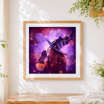 Finished beautiful witch with owl and pumpkin paint by numbers artwork displayed as home decor