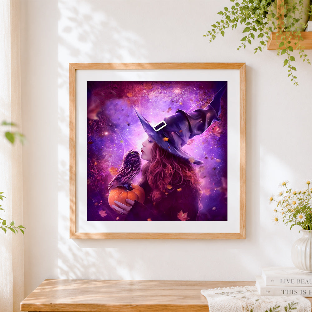 Finished beautiful witch with owl and pumpkin paint by numbers artwork displayed as home decor