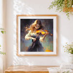 Finished beautiful woman playing violin cross stitch artwork displayed