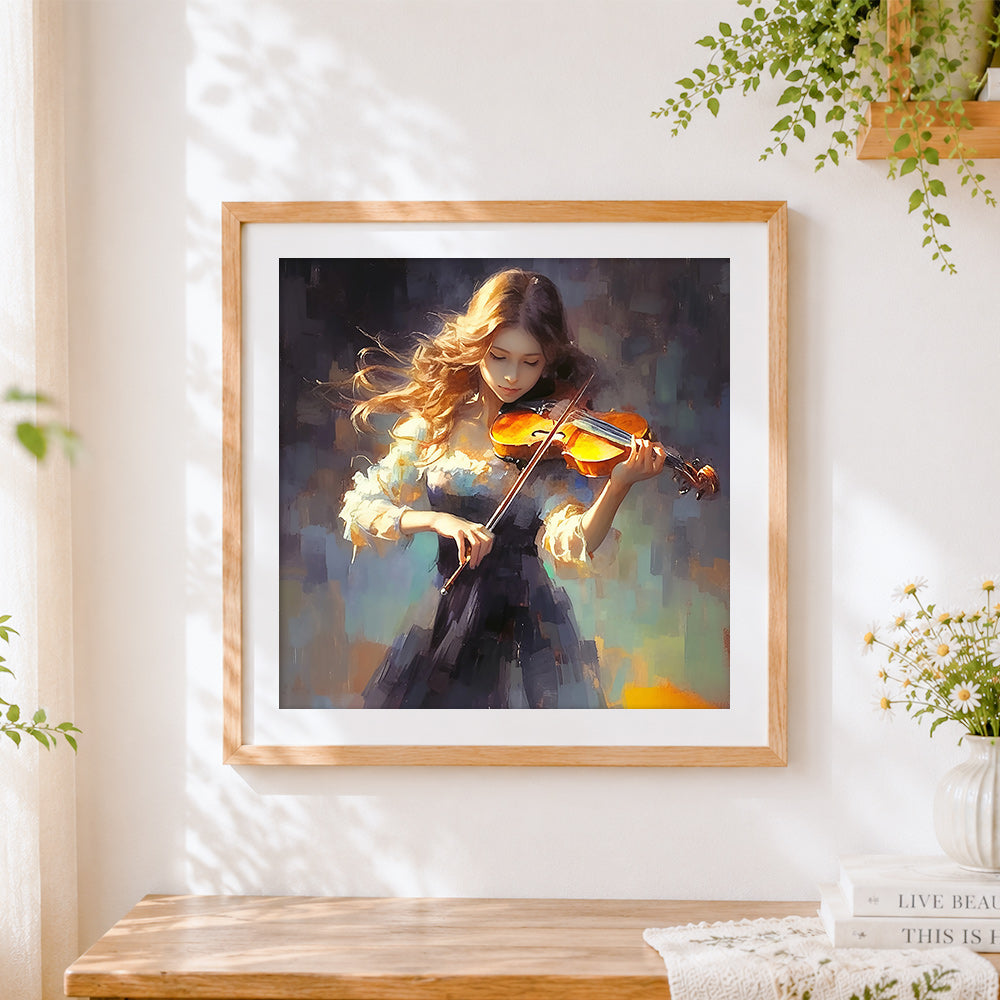 Finished beautiful woman playing violin cross stitch artwork displayed