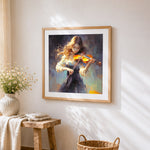 Beautiful woman playing violin cross stitch artwork displayed on wall as home decor