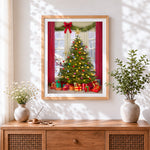Finished beautifully decorated christmas tree and presents cross stitch artwork displayed