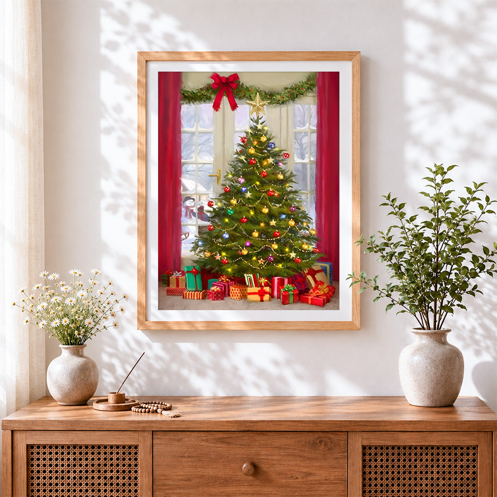 Finished beautifully decorated christmas tree and presents cross stitch artwork displayed