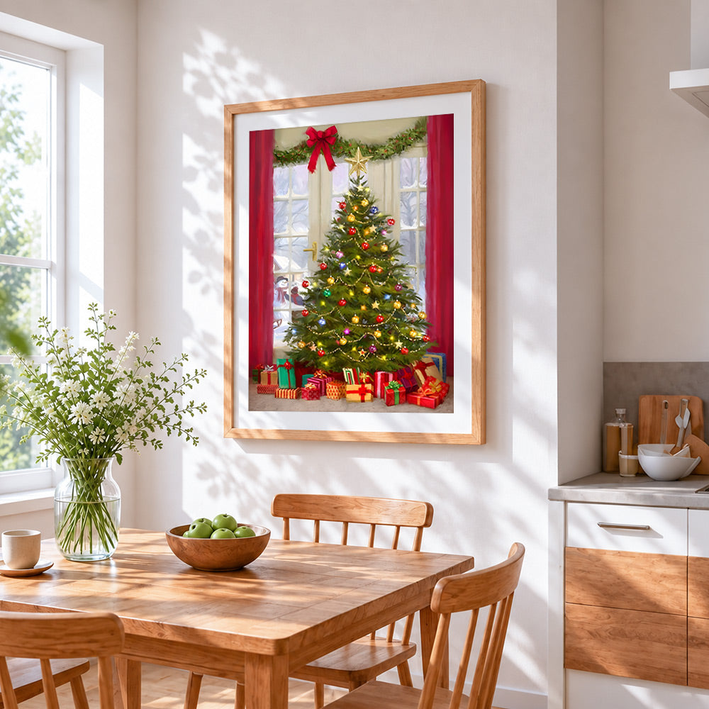 Beautifully decorated christmas tree and presents cross stitch artwork displayed on wall as home decor