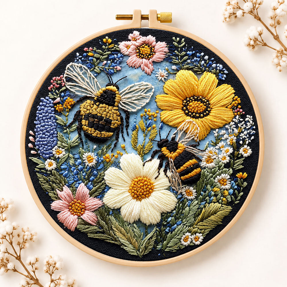 Bees and sunny wildflowers embroidery kit