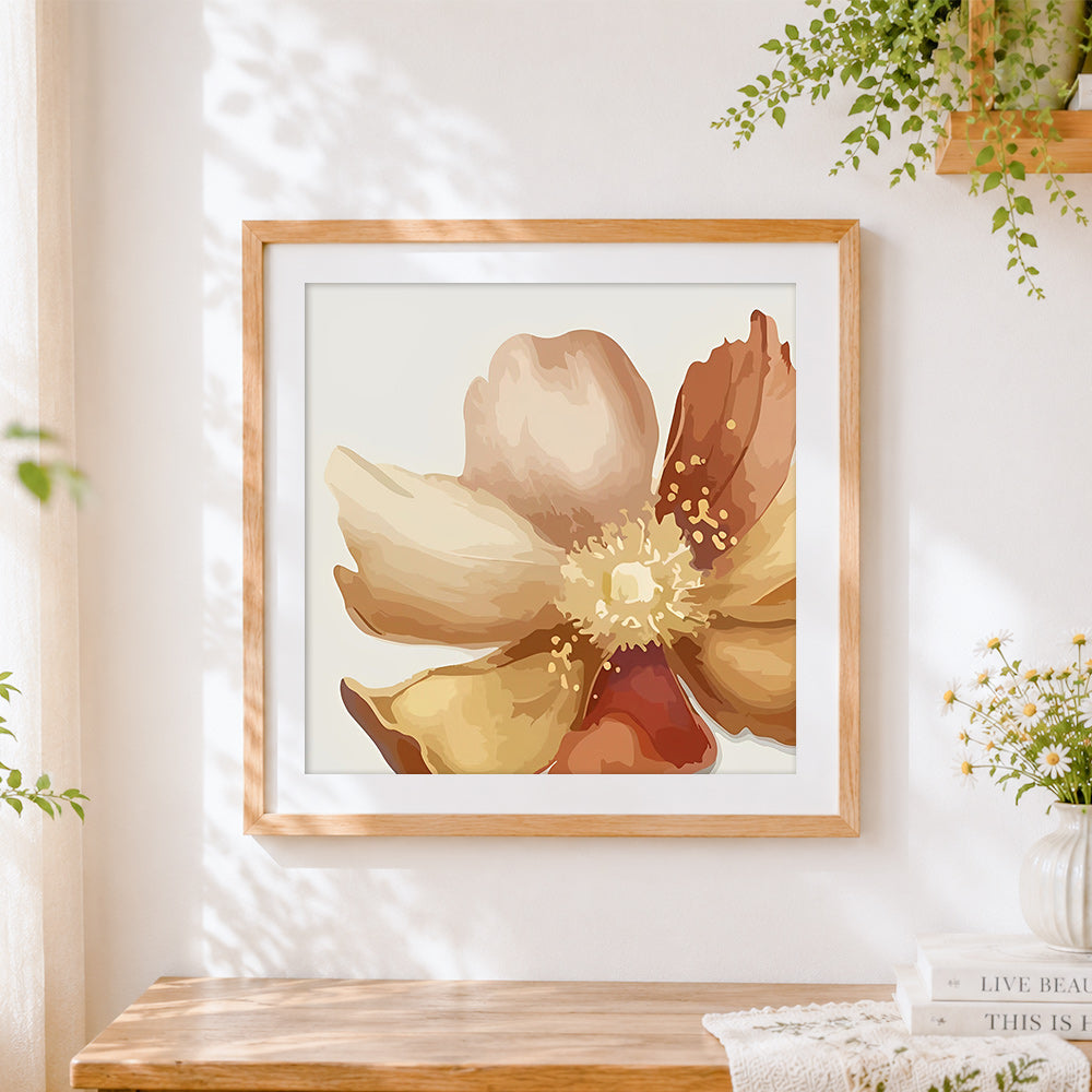 Finished beige and brown floral illustration paint by numbers artwork displayed as home decor