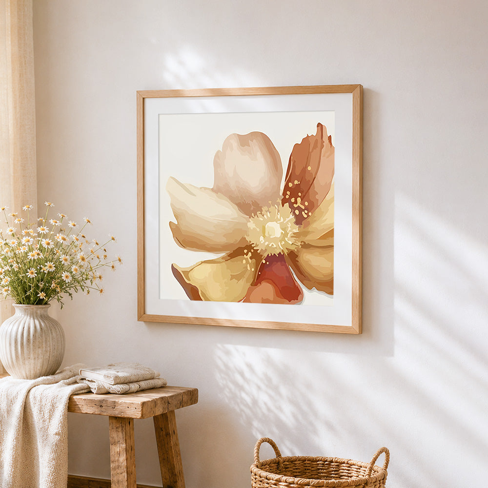Beige and brown floral illustration paint by numbers artwork displayed on wall as home decor