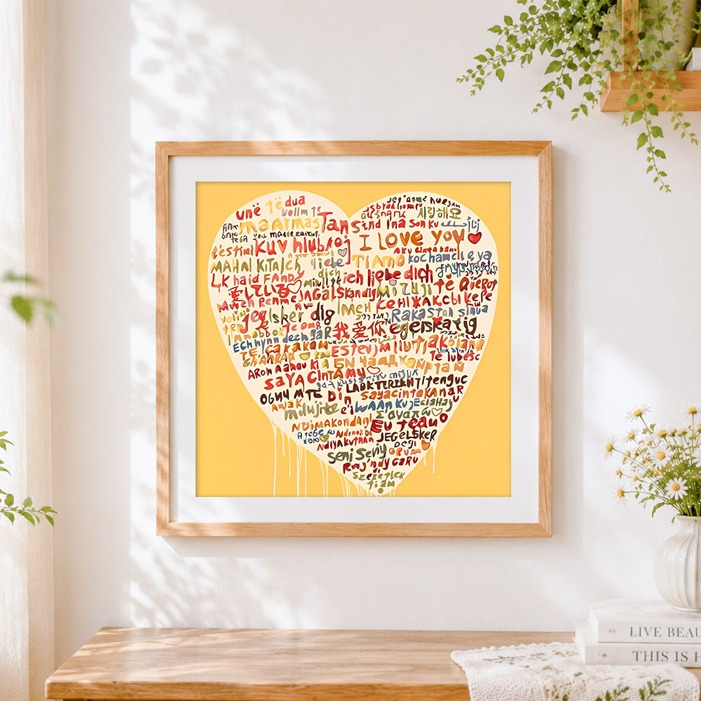 Finished beige multi language i love you heart cross stitch artwork displayed