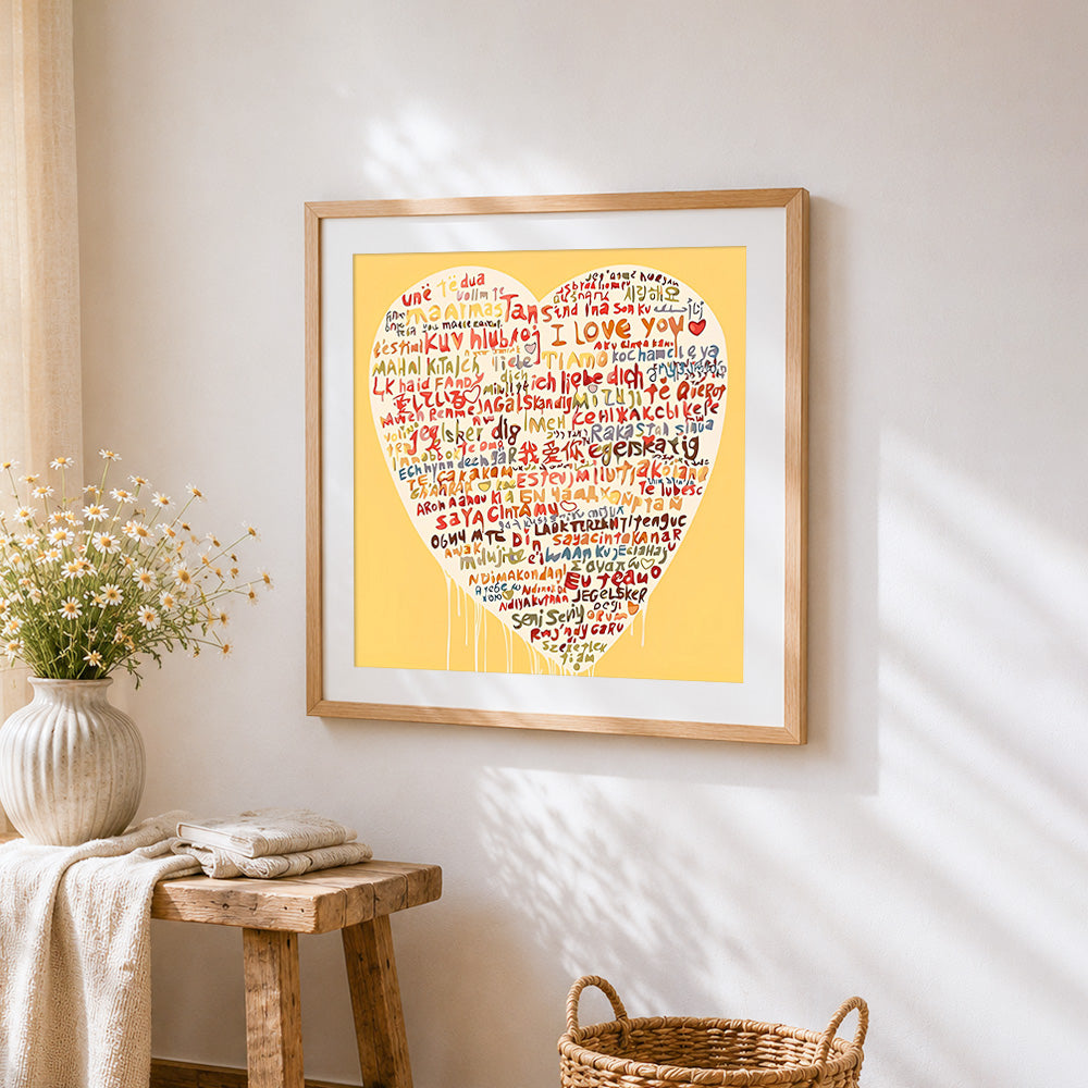 Beige multi language i love you heart cross stitch artwork displayed on wall as home decor