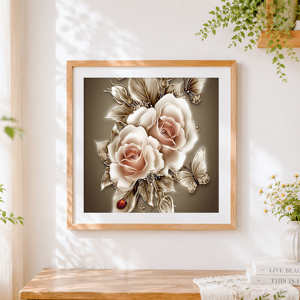 Finished beige roses with butterflies paint by numbers artwork displayed as home decor