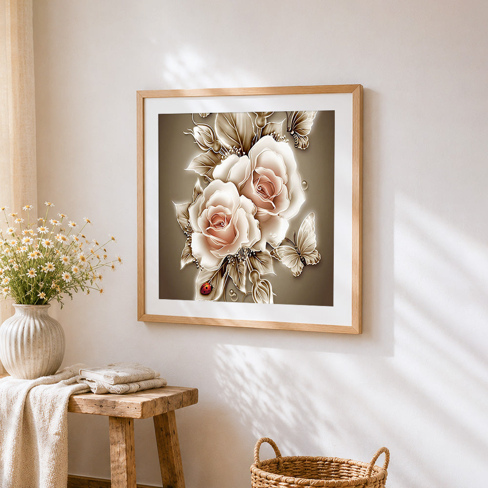 Beige roses with butterflies paint by numbers artwork displayed on wall as home decor