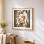 Beige roses with butterflies paint by numbers artwork displayed on wall as home decor