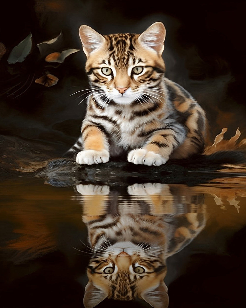 Bengal kitten and water reflection cross stitch kit for beginners