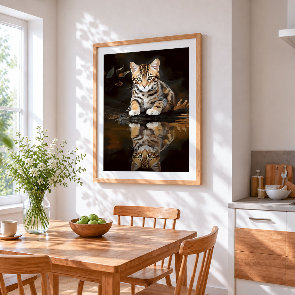Bengal kitten and water reflection cross stitch artwork displayed on wall as home decor