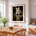Bengal kitten and water reflection cross stitch artwork displayed on wall as home decor