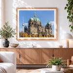 Finished berlin cathedral and tv tower cross stitch artwork displayed
