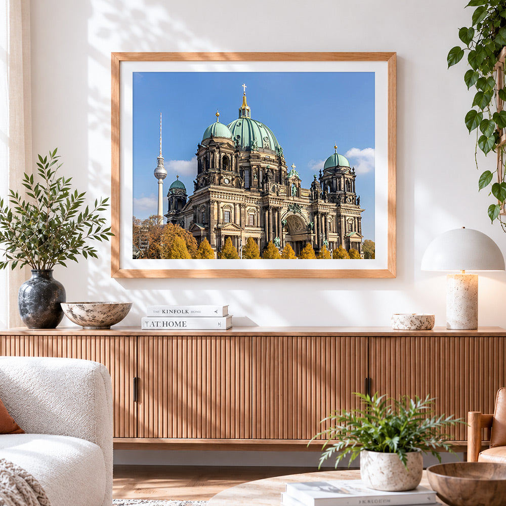 Finished berlin cathedral and tv tower cross stitch artwork displayed
